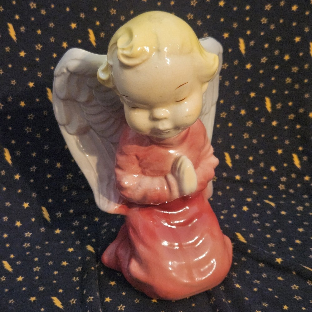 Vintage Pink‎ Praying Angel Wall Pocket Planter Vase Ceramic 8" Religious